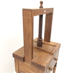  19th century ash and pine book press, single drawer, turned supports, W70cm, H157cm, D53cm  
