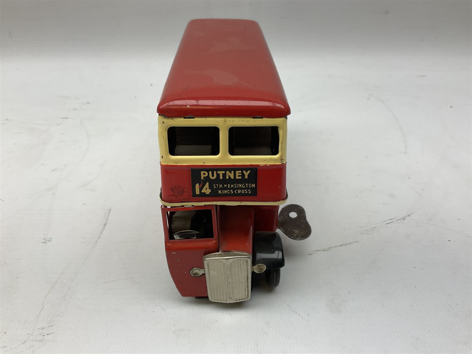 Tri-ang Minic tin-plate clockwork - London Transport Routemaster double decker bus 'Route 14 Putney' with Bovril and Tri-ang Pedal Motors advertisements; and Refuse Wagon with three sliding compartments; both unboxed (2)