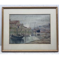 Henry George Walker (British 1876-1932): The Village Inn, etching with hand colouring; English School (Early 20th Century): Whitby Boats, watercolour unsigned; Hubert Ernest Bulmer (British 1874-1963): 'The Lodge - North Stainley Hall Nr Ripon', watercolour signed titled and dated 1948; John Cartmel Crossley (British 1933-?): 'The Road to Eglingham', watercolour signed, titled verso max 24cm x 34cm (4)