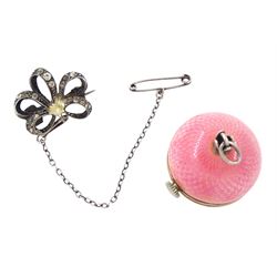 Early 20th century ladies keyless cylinder ball watch, silvered dial with Arabic hour markers and pink guilloche enamel decoration