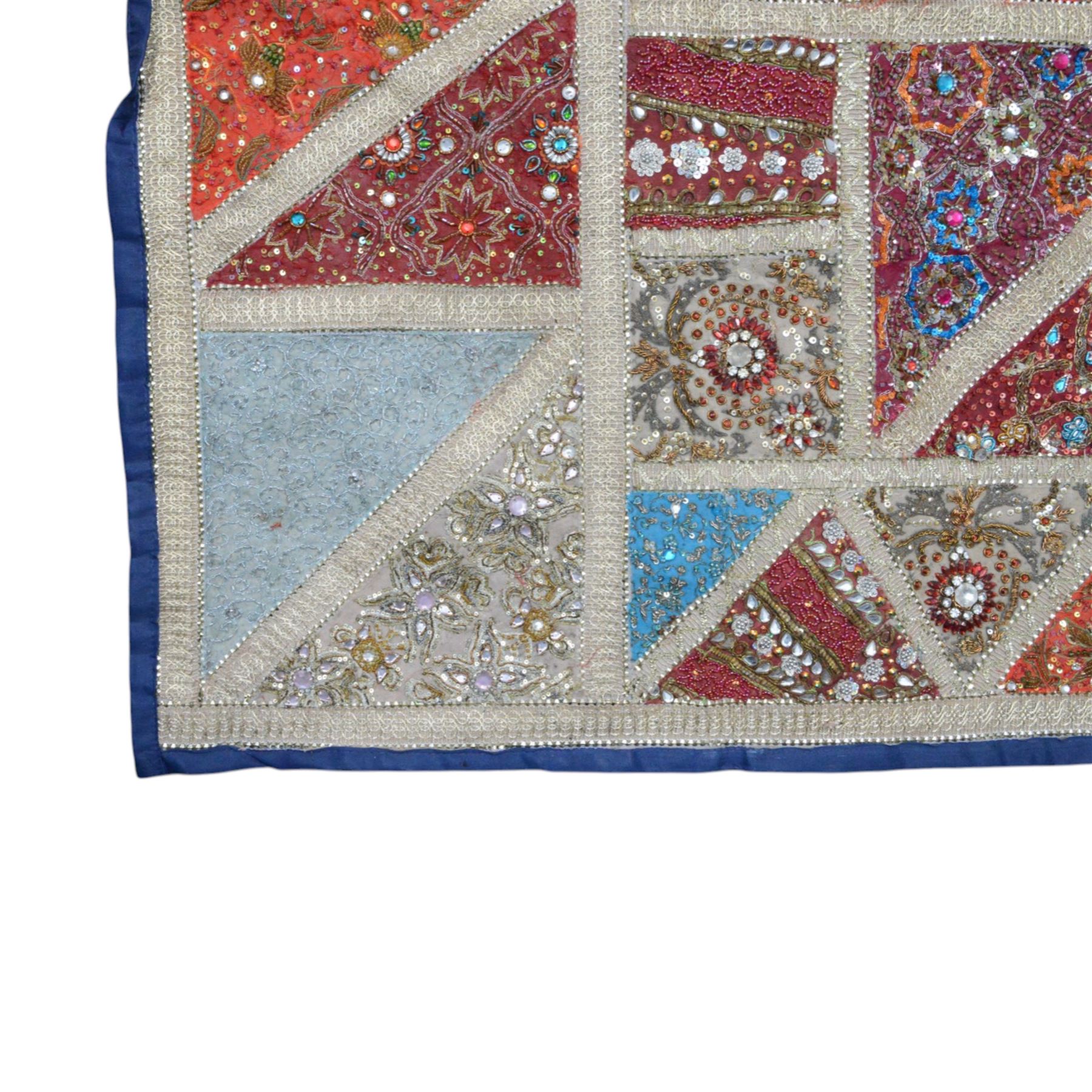 20th century Zardozi wall hanging, hand embroidered in gold thread and beadwork, in geometric platters H90cm, L142