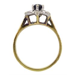 18ct gold milgrain set sapphire and diamond flower head cluster ring, hallmarked