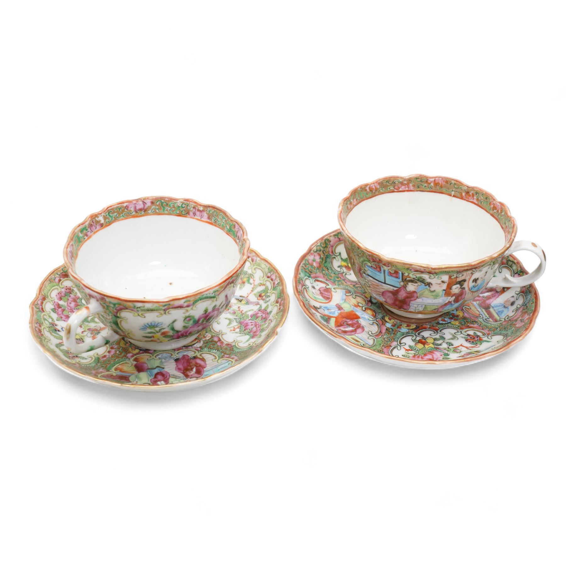 19th/ early 20th century Chinese Canton famille rose porcelain teapot with swing handle, pair of teacups and saucers, and later bowl (6)