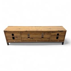 Pair of contemporary media sideboards, oak effect construction with inset handles, comprising two drawers and an open shelf flanked by cupboard doors, on metal supports (2)