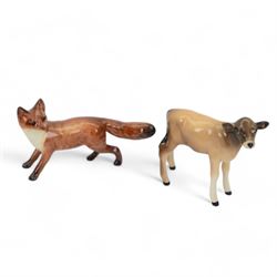 Five Beswick figures, Jersey family group; Bull Ch. Dunsley Coy Boy, model 1422, Cow Ch. Newton Tinkle, model 1345 and Calf, Hereford Bull and Fox 