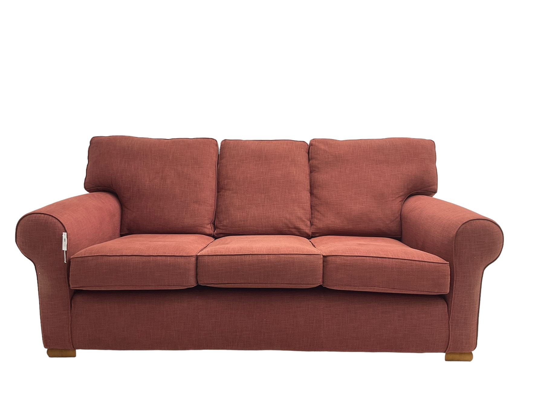 Multiyork - traditional three seat sofa upholstered in claret red fabric (W200cm H80cm); and pair matching armchairs (W103cm) 