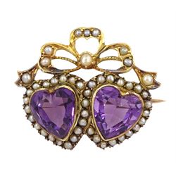 Victorian gold double heart shaped amethyst and seed pearl brooch, with pearl set bow top