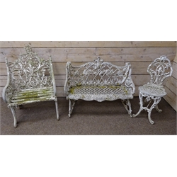  Ornate cast iron garden chair seat and a painted alloy garden bench and similar chair  