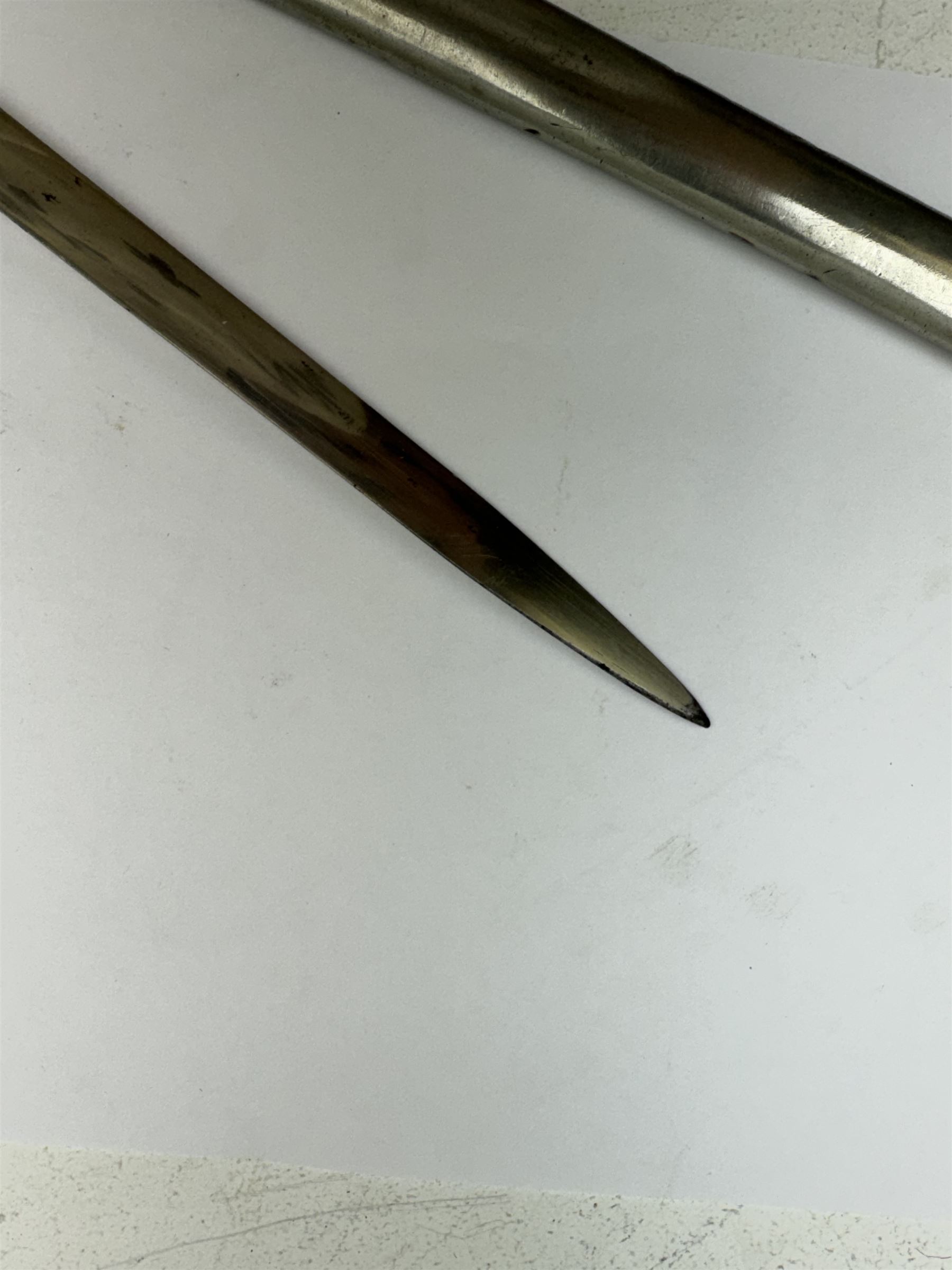 Ottoman/Turkish WW1 Period Infantry Officer's Short Sword,  the single edge fullered steel blade etched with a martial trophy, star and crescent, L73cm, the rib etched Vahram Tagirian, with steel scabbard, L87cm