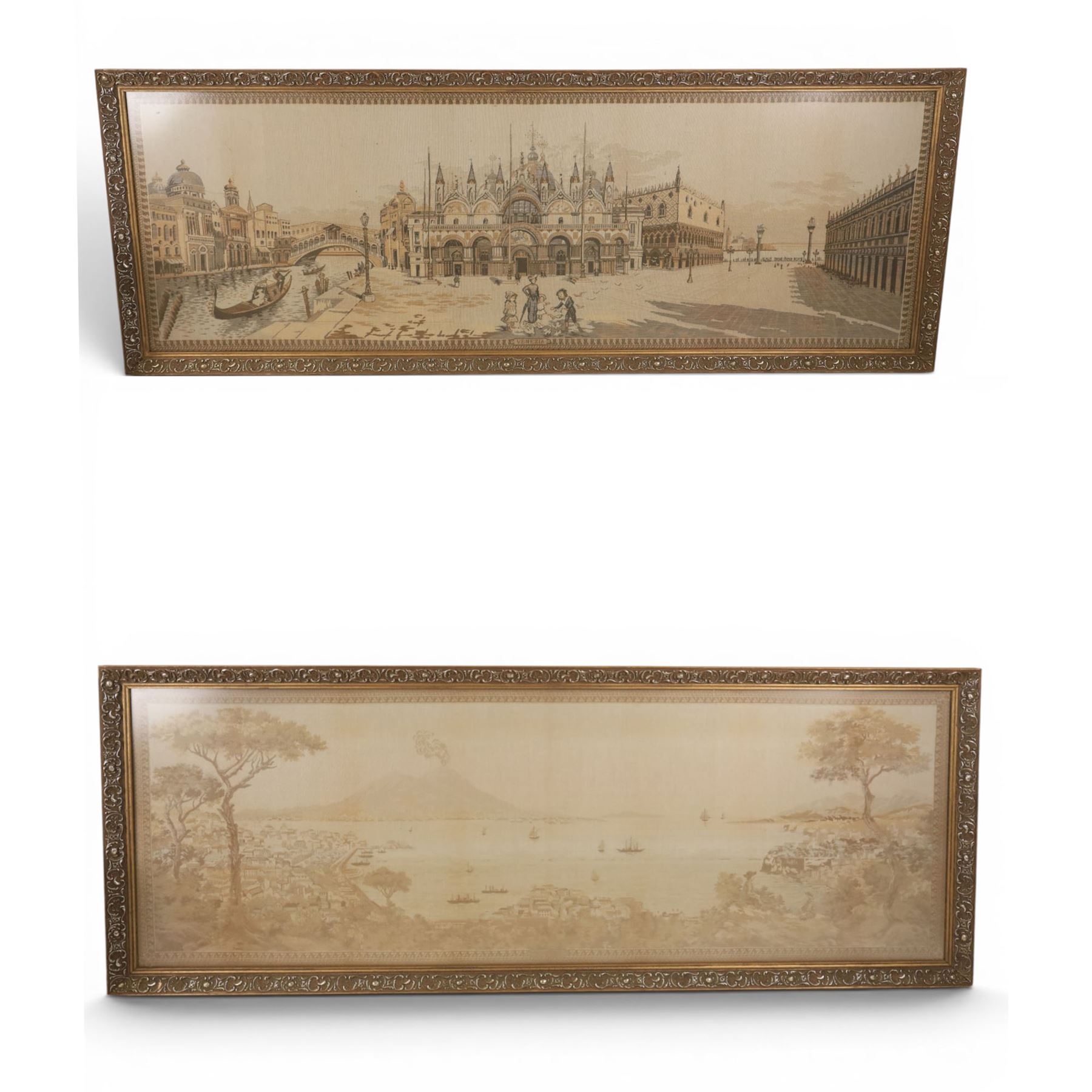 Pair of  machine woven tapestries, of Venezia and Napoli, framed H55cm, L149cm   