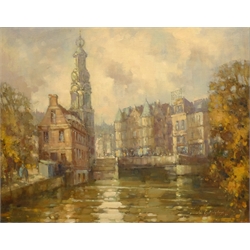Donald Gray Midgely (British 1918-1995): 'The Mint Tower Amsterdam', oil on board signed and dated '91, titled verso 39cm x 49cm