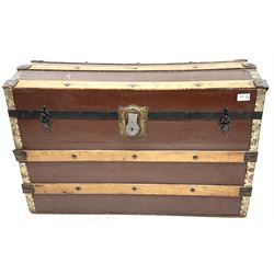 Wood bound dome top travelling trunk, single hinged lid 