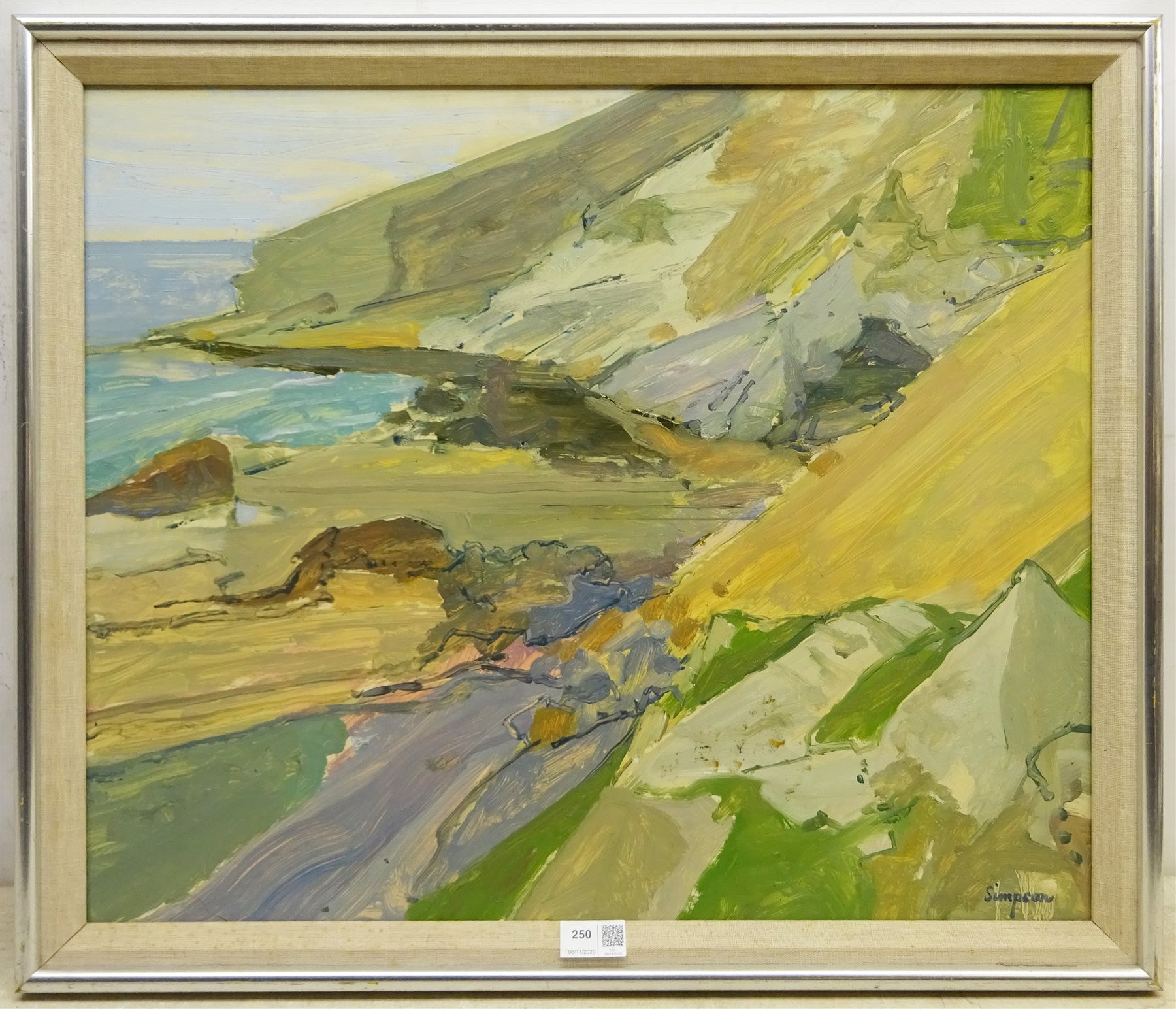 Ian Simpson (British mid 20th century): 'Landscape Tregardock' North Cornwall, oil on board signed, titled verso 49cm x 59cm