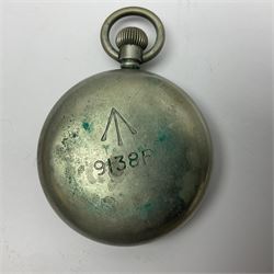Early 20th century British Army officer's campaign clock in the form of a key-less wind nickel cased pocket watch with white dial, Roman numerals and subsidiary seconds dial, inscribed H. Williamson Ltd. London 9138F, the back with broad arrow and 9138F; in leather travelling case with dial aperture and brass easel support H14cm