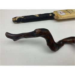 Annotated display board of clay pipes; rootwood walking stick and Yorkshire CCC signed cricket bat 2001