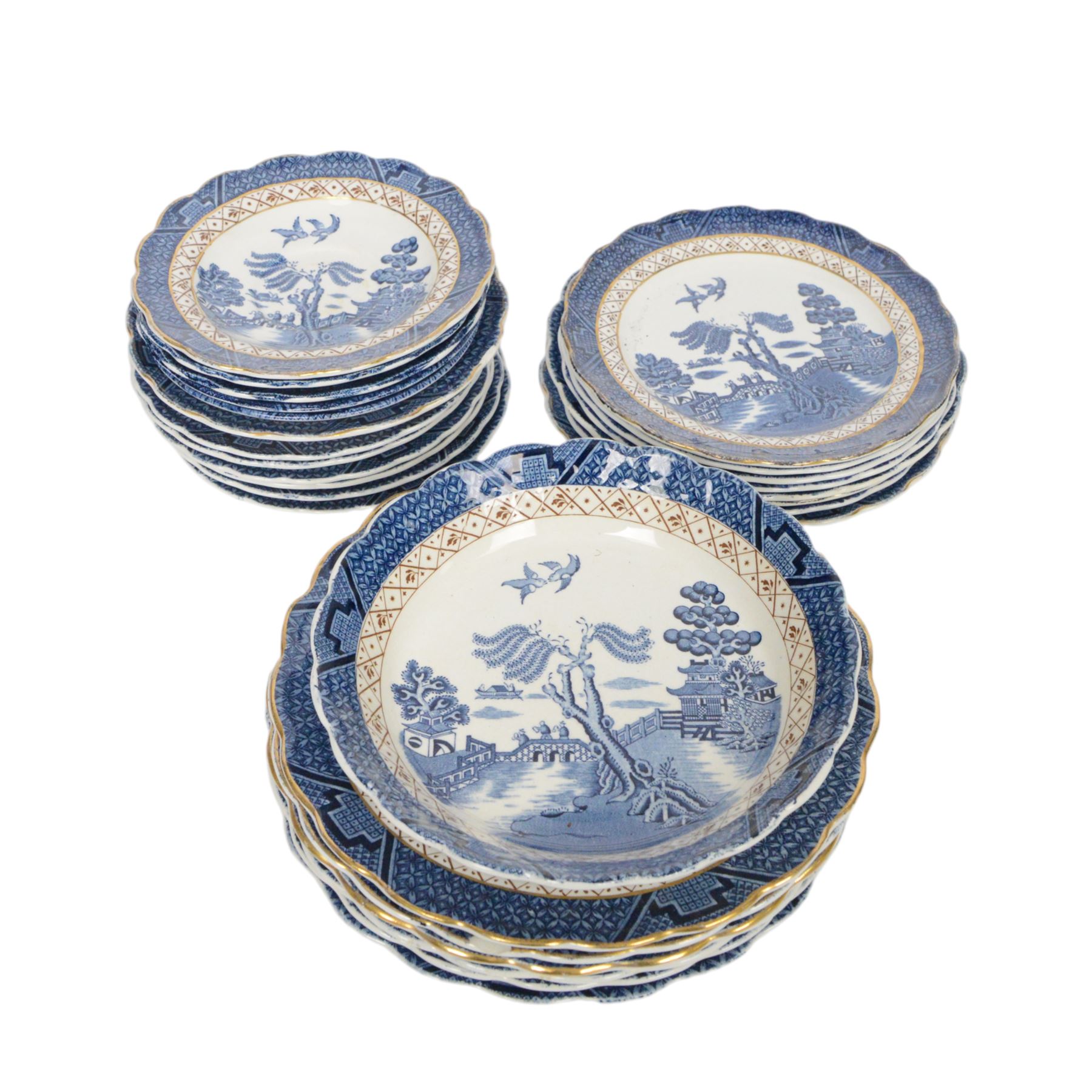 Booths Real Old Willow tea and dinner service, including six dinner plates, eight side plates, four egg cups, milk jug etc 
