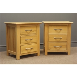  Pair light oak bedside tables, three drawers, stile supports, W50cm, H58cm, D40cm  