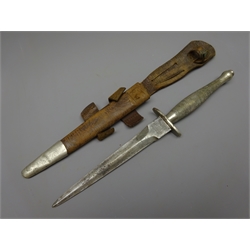  Fairbairn Sykes 1st Pattern Fighting Knife, 16.5cm twin edged blade, forte etched 'Wilkinson Sword Co. London, The F-S Fighting Knife' S-shaped cross guard, nickel plated chequered grip, L29.5cm in leather scabbard   