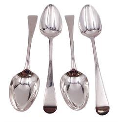 Set of four George III silver Old English pattern table spoons, hallmarked George Smith (III) & William Fearn, London 1795, each approximately L22cm, 8.20 ozt (255.1 grams)