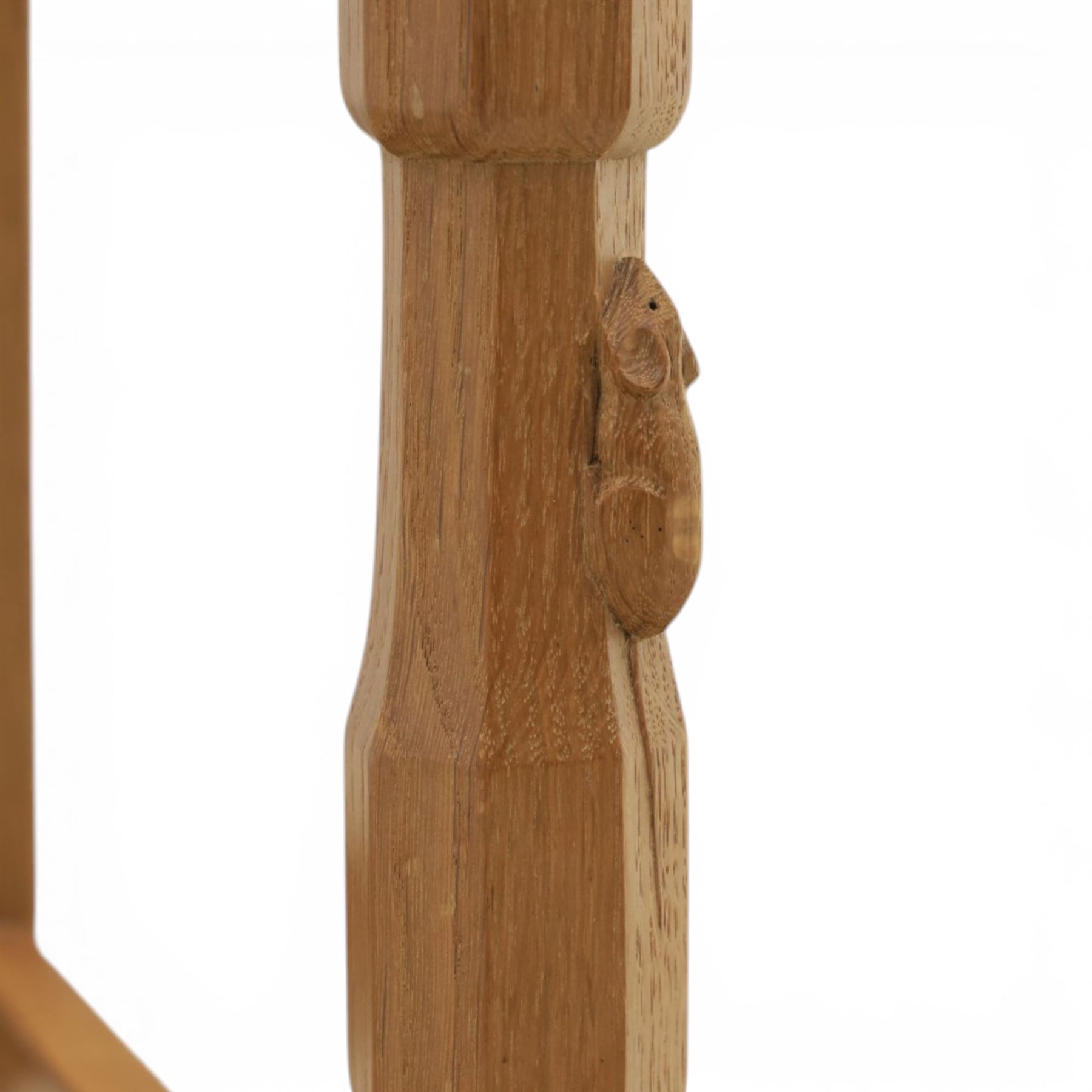 Mouseman - oak armchair high back with fleur de lis motif, red leather padded seat with brass studded trim, with carved mouse signature, by the workshop of Robert Thompson of Kilburn