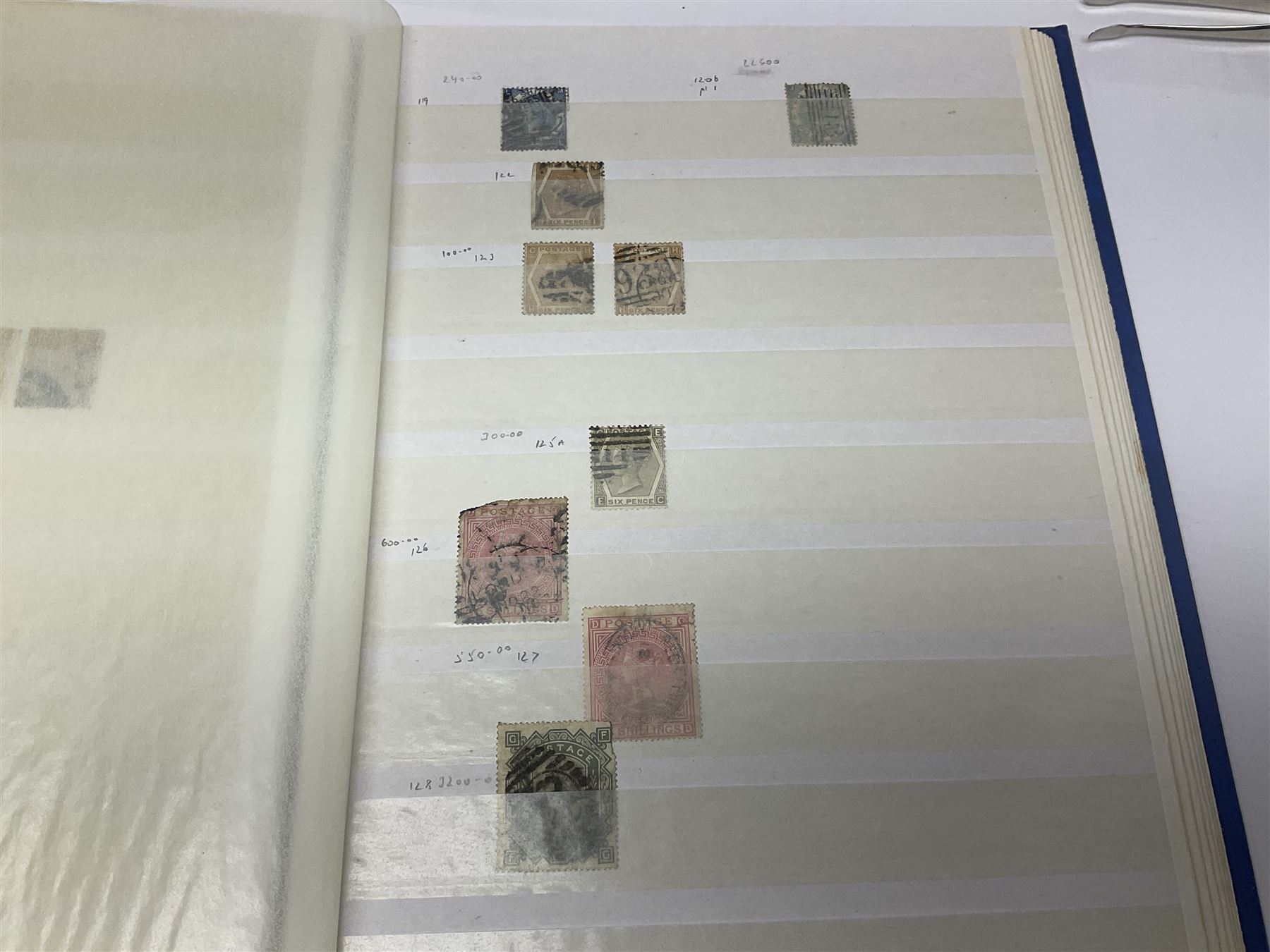 Mostly Great British Queen Victoria stamps, including penny black with black MX cancel, 1840 two pence blue with black cancel, imperf penny reds singles and pairs, perf penny reds stars and plates, various postmarks or cancels, penny reds on pieces or covers, halfpenny 'bantams', other QV issues with some higher values etc, housed in a blue stockbook