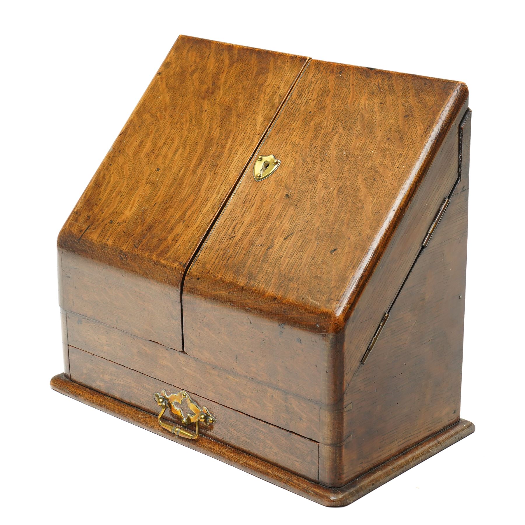 Victorian oak stationery cabinet, the two-door front opening to reveal compartmentalised interior, single drawer to base, H27cm W31cm 