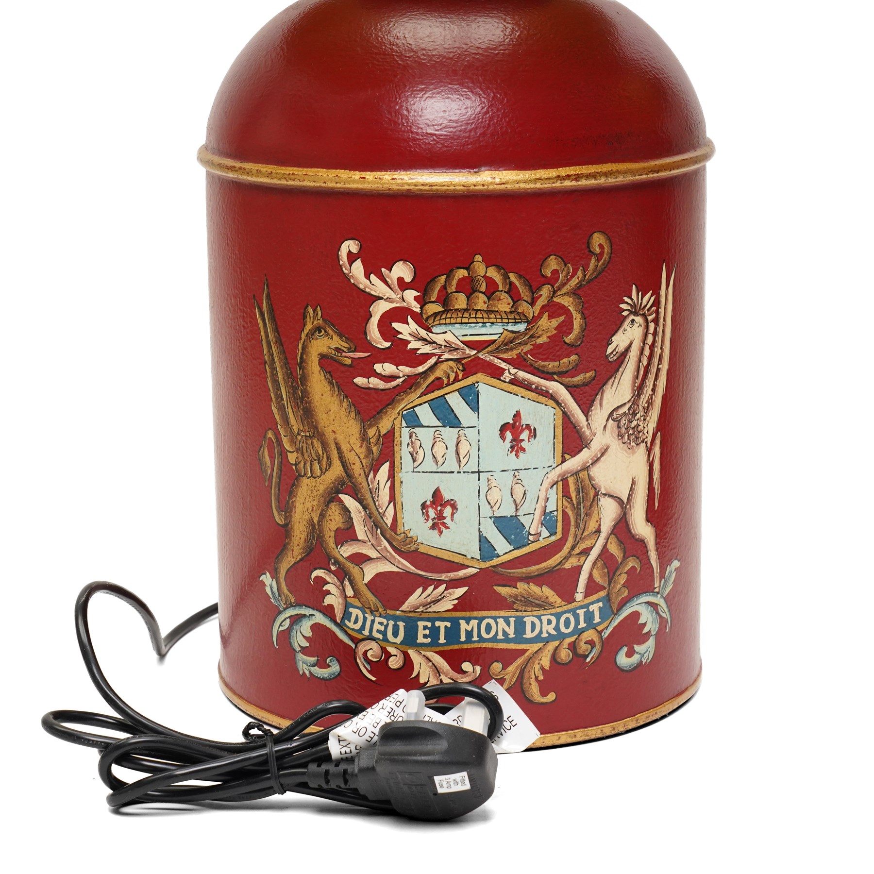 Pair of late 20th century tole peinte tea canister electric table lamps decorated with the royal coat of arms on a red ground and with metal shades H72cm