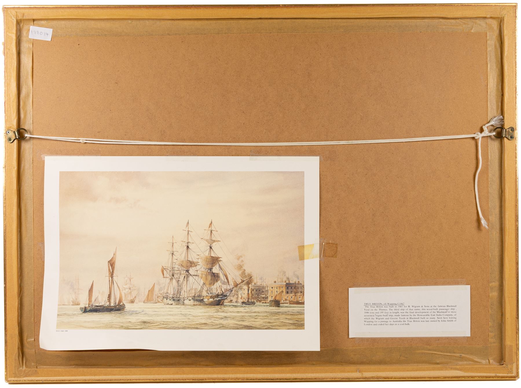 David C Bell (British 1950-): 'True Briton off Wapping c1867', watercolour signed, titled verso 38cm x 63cm
Notes: The True Briton was built in 1861 for R Wigram & Sons at the famous Blackwall Yard on the Thames. The third ship of that name, this wood-built passenger ship, 1046 tonnes and 195 feet in length, was the final development of the 'Blackwall' or more accurately 'frigate-built' ship, made famous by the Honourable East India Company, of which the Wigram and Greene Yards at Blackwall built so many. Seen here leaving Wapping for a passage to Australia the True Briton was last owned by John Smith of London and ended her days as a coal-hulk. 