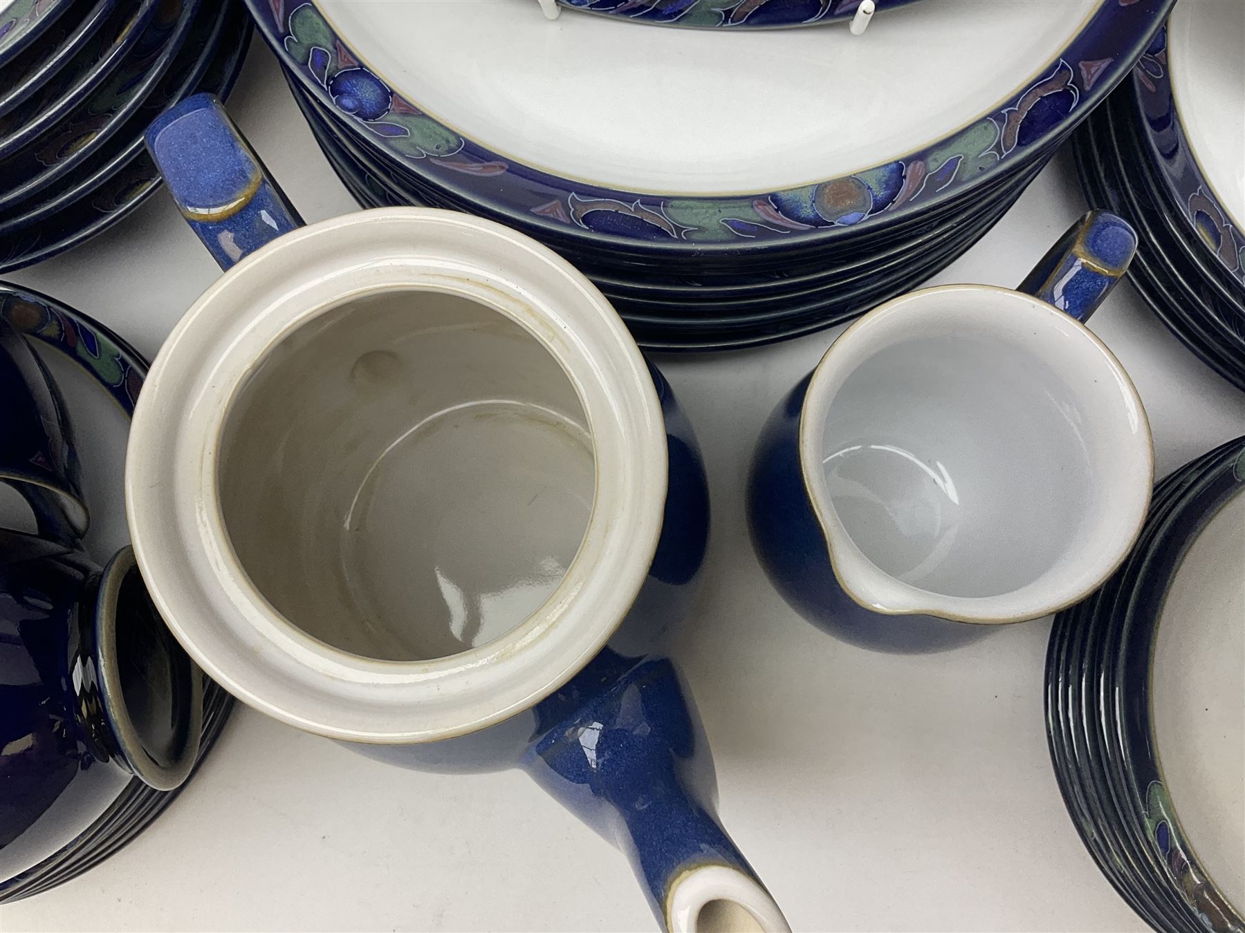 Denby Baroque pattern part tea and dinner service, comprising nine dinner plates, six side plates, six bowls five dessert plates, six cups and saucers, together with a Denby teapot and jug in Imperial blue pattern