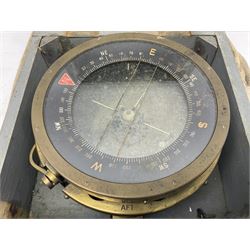  WWII period Type P10 aircraft compass, 16.5cm diameter brass rim marked “Type P10” and “No 1130B”, spring mounted onto brass base with Air Ministry plate marked “Crown A.M. No 6A.1671”; in original grey painted wooden box