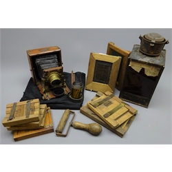  Lancaster 1888 patent brass and mahogany Instantograph camera with J. Lancaster brass 1/4 pl, Patent Rectigraph lens, Marion & Cie Uriel 61/2 x 43/4 brass lens, Ensign, Kodak, Primus and other plate carriers and a vintage Dark Room Lamp with red glass panels and Beaconlite burner   