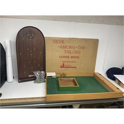 John Jaques and Son ‘Devil Among the Tailors’ wooden vintage skittles game, missing pole and ball, with instruction manual and original box; and a Corinthian Bagatelle board with marbles and push stick 