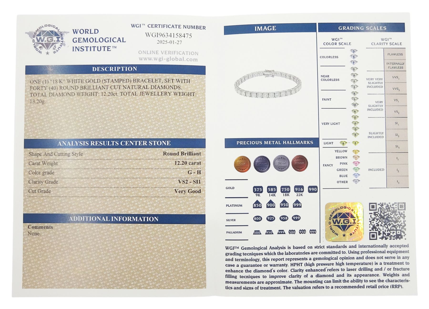 18ct white gold round brilliant cut diamond bracelet, stamped, total diamond weight 12.20 carat, with World Gemological Institute report 