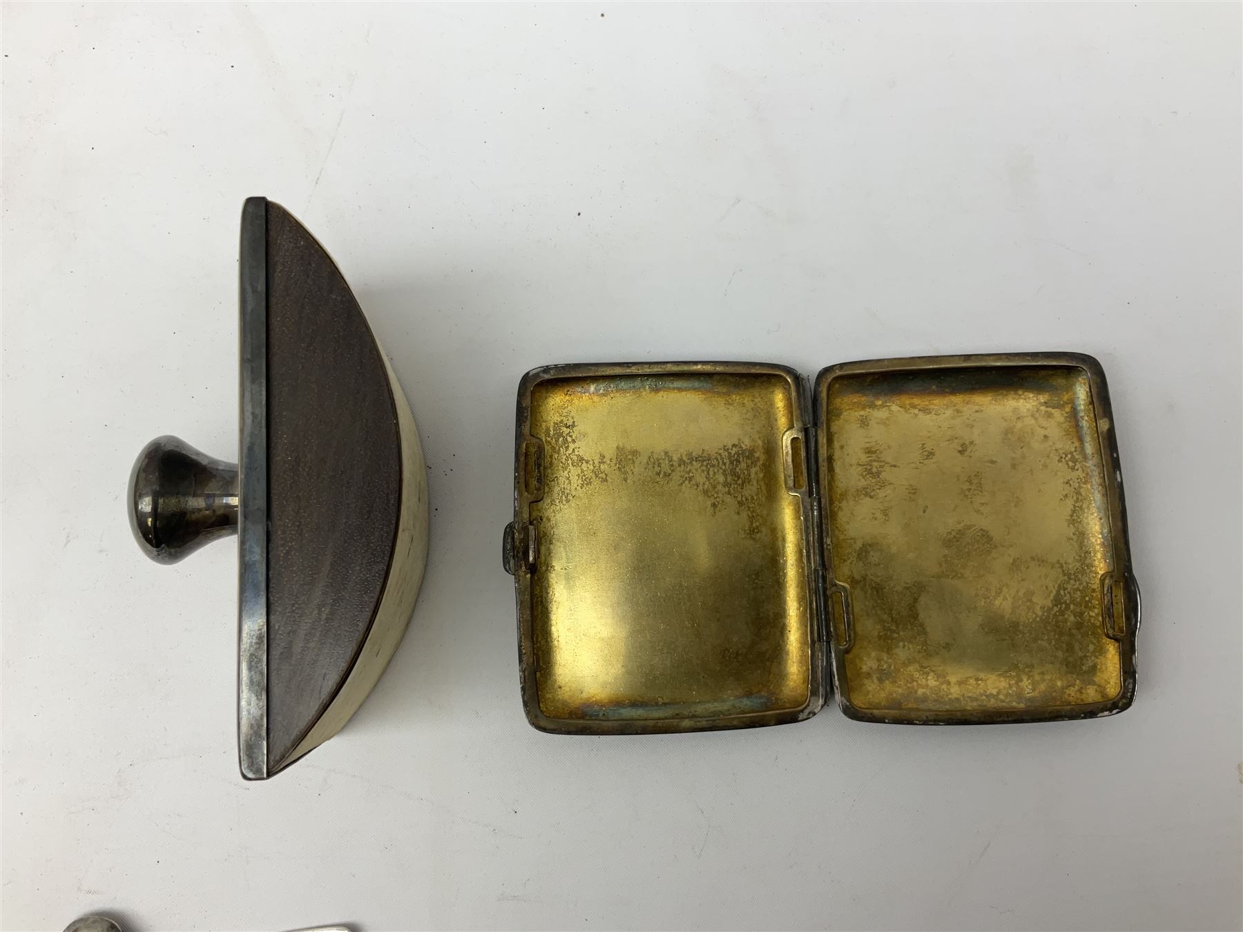 Modern silver mounted blotter, with engine turned decoration, hallmarked Birmingham 1991, small group of silver flatware, and a silver plated cigarette case, approximate weighable silver 71.5 grams