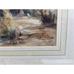 Two original watercolours, one indistinctly signed Frank *, framed print of sheep and three engravings (6)
