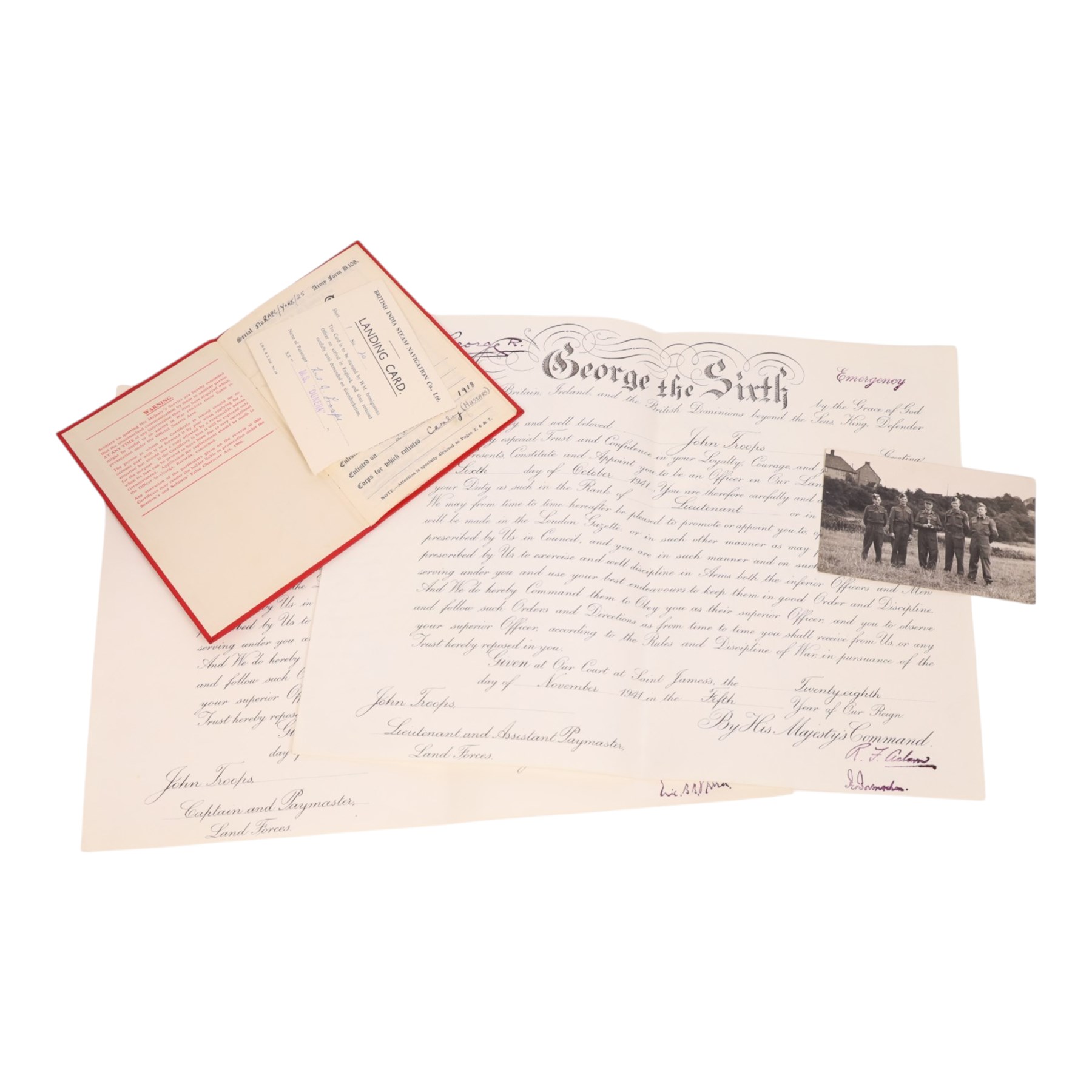WWII medal set, comprising Defence medal, War medal, General Service medal with Malaya clasp and oak leaf, and Long Service And Good Conduct medal, awarded to Major J Troops. R.A.P.C, together with the matching miniatures, medal bar, Royal Army Pay Corps cap badges and ephemera relating to J Troops       