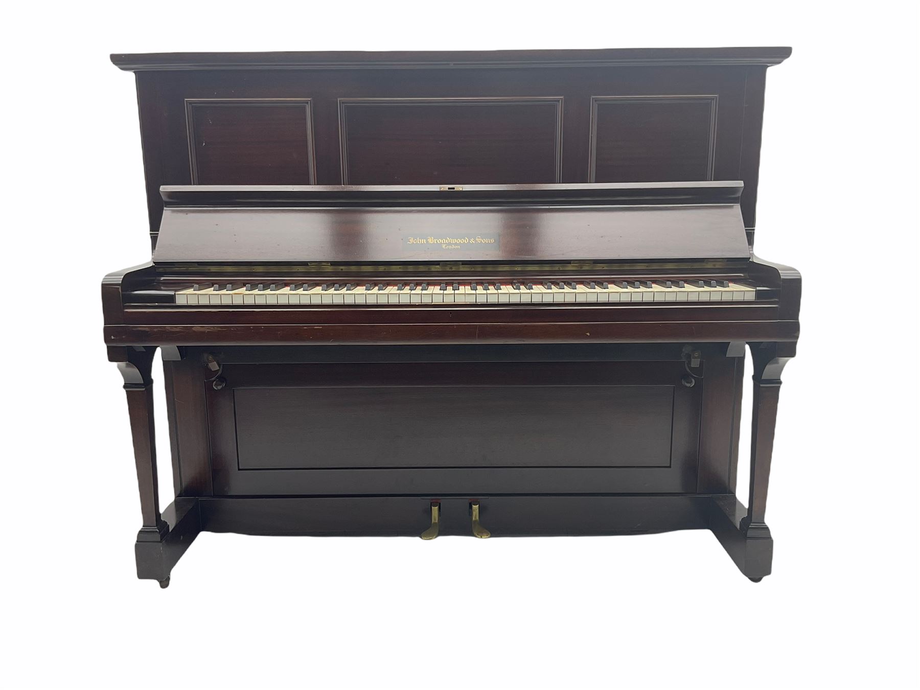 John Broadwood & Sons London upright piano, iron framed and overstrung movement, in mahogany case