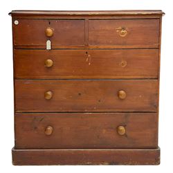 Chatsworth House - 19th century Victorian stained pine chest of drawers from Chatsworth House servant's quarters, moulded rectangular top over two short and three long drawers, plinth base. Provenance: Previously lot 1065 from the 