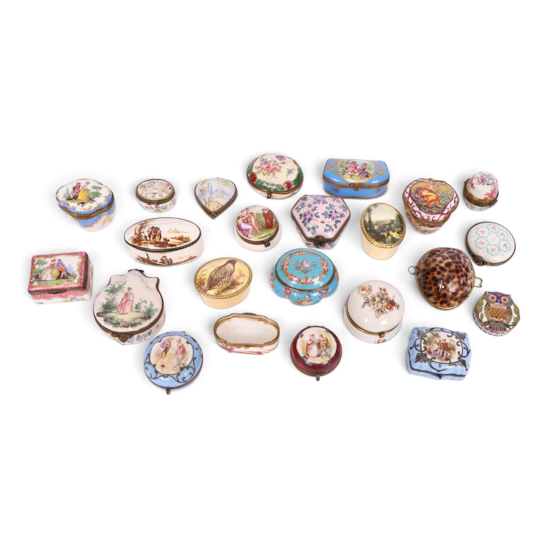 Large collection of 19th century and later pill boxes, including examples by Limoges, Veuve Perrin, Capodimonten etc 
  