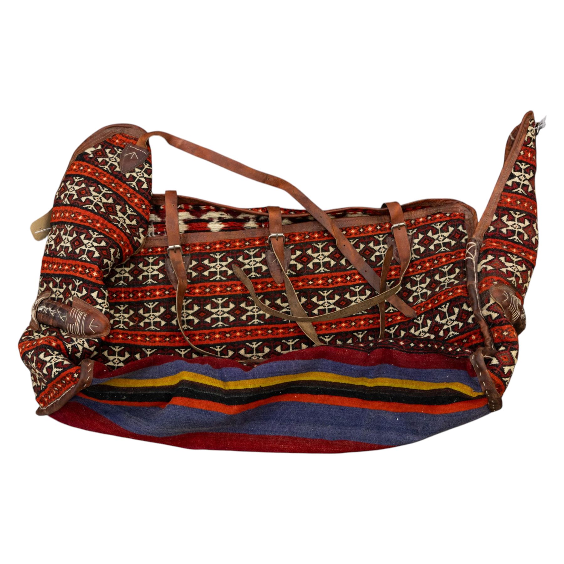 South West Persian Qashqai bag, woven body decorated with bands of geometric motifs in red, ivory and dark tones, with leather fittings and straps, underside with flatweave stripped bands 
