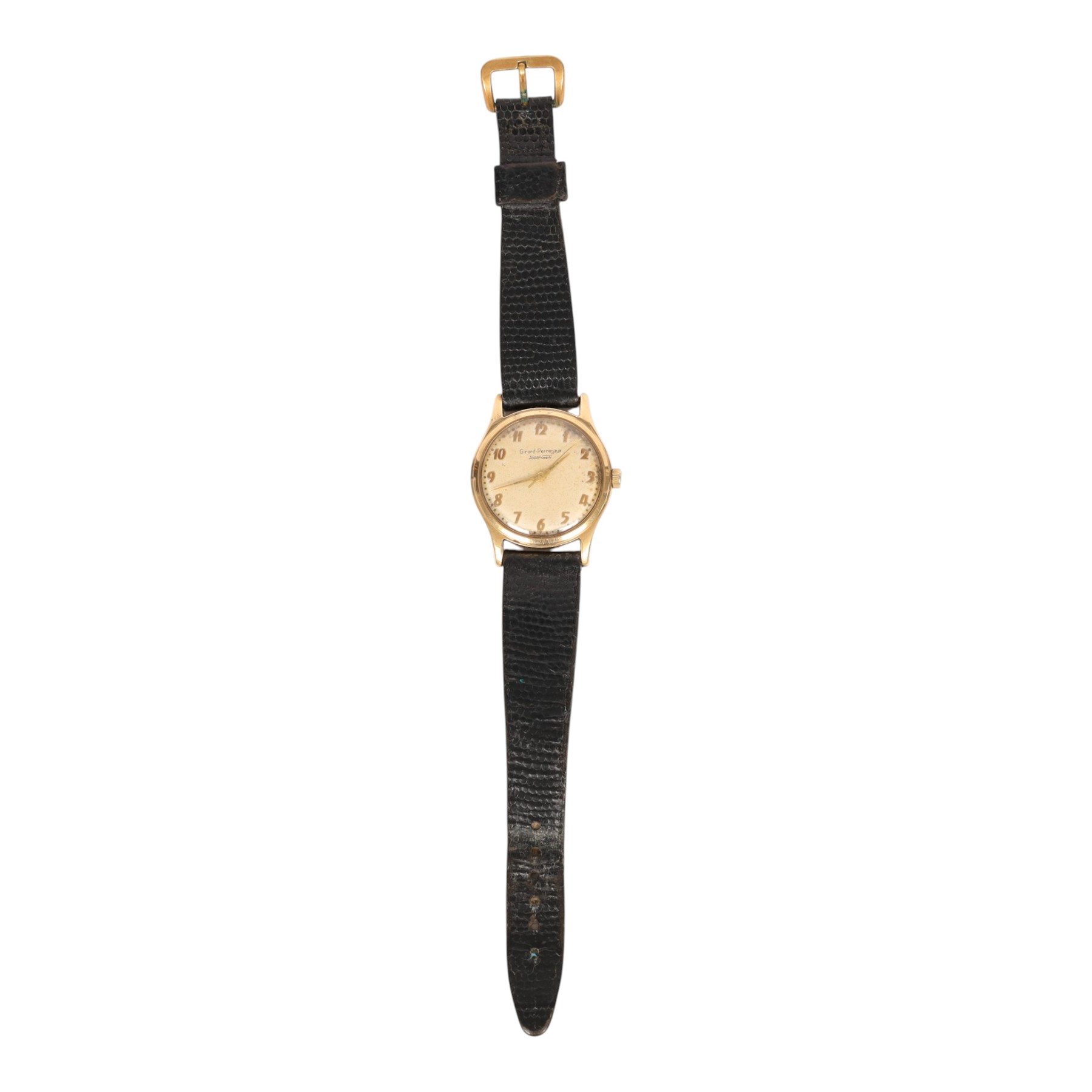 Girad-Perregaux Seahawk 9ct gold manual wind wristwatch, Birmingham 1961, on black leather strap