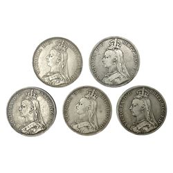 Five Queen Victoria silver crown coins, dated 1889, 1890, two 1891 and 1892