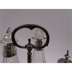 Late 18th century silver cruet stand, of oval form, with pierced sides upon four bun feet, hallmarked to handle Hester Bateman, all other hallmarks indistinct, together with five matched silver mounted cut glass cruet bottles, including some later Victorian examples, hallmarks predominantly indistinct, stand H20cm