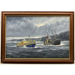 Jack Rigg (British 1927-2023): 'Longhope' Lifeboat TGB Assisting a Trawler, oil on board signed and dated 2004, 50cm x 75cm 
Notes: on March 17th 1969, on a mission to aid the Liberian ship Irene in the Pentland Firth, all eight of the lifeboat's crew were lost. The loss of TGB led to the development of self-righting lifeboats in the 1970s.