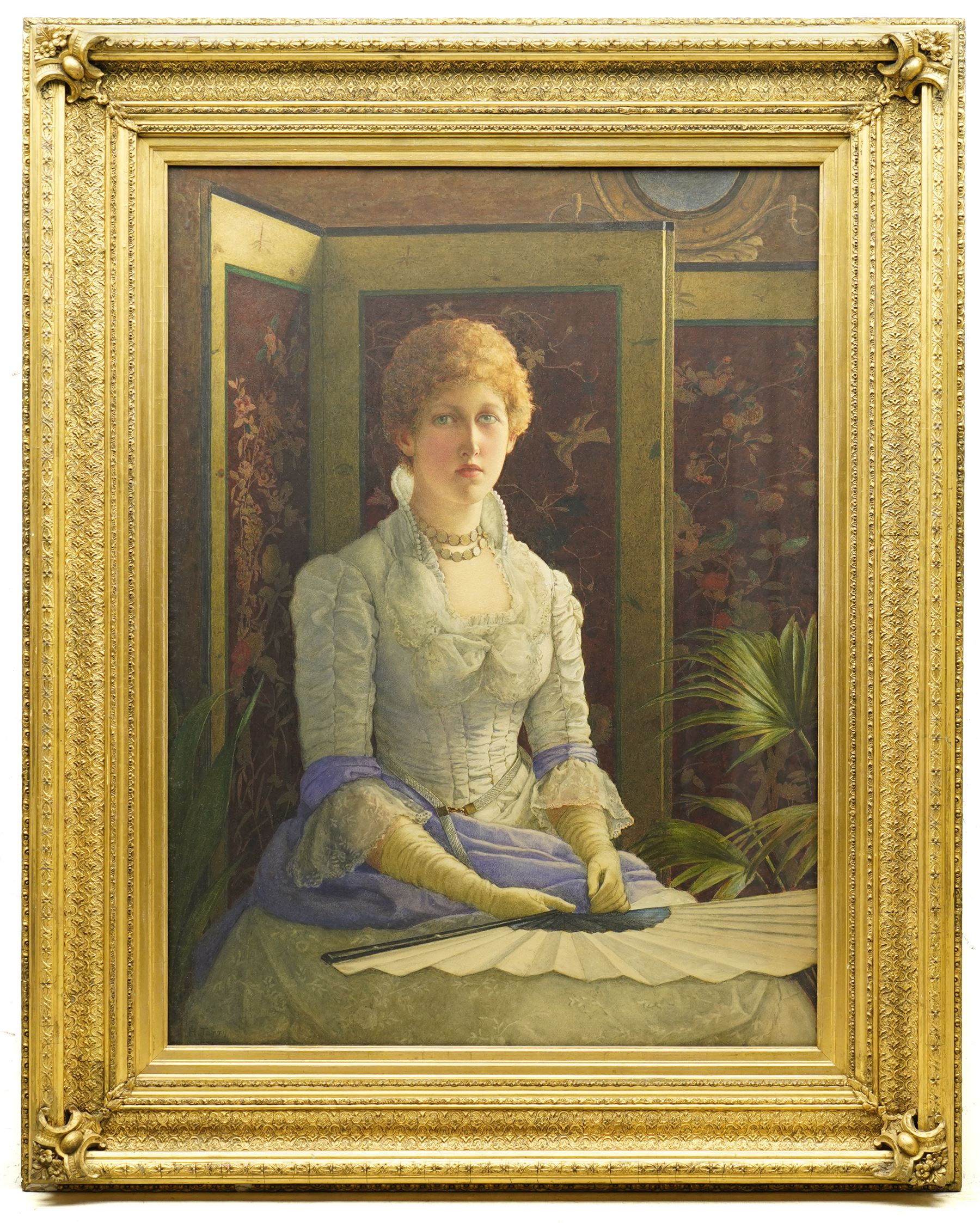 Henry M Terry (British fl.1879-1920): 'Her First Season' Portrait of a Seated Victorian Lady Holding a Fan, watercolour signed and dated 1884, titled and inscribed on artist's address label verso 67cm x 50cm
Provenance: exh. Christopher Wood Gallery; purchased Phillips 1996 for £3700