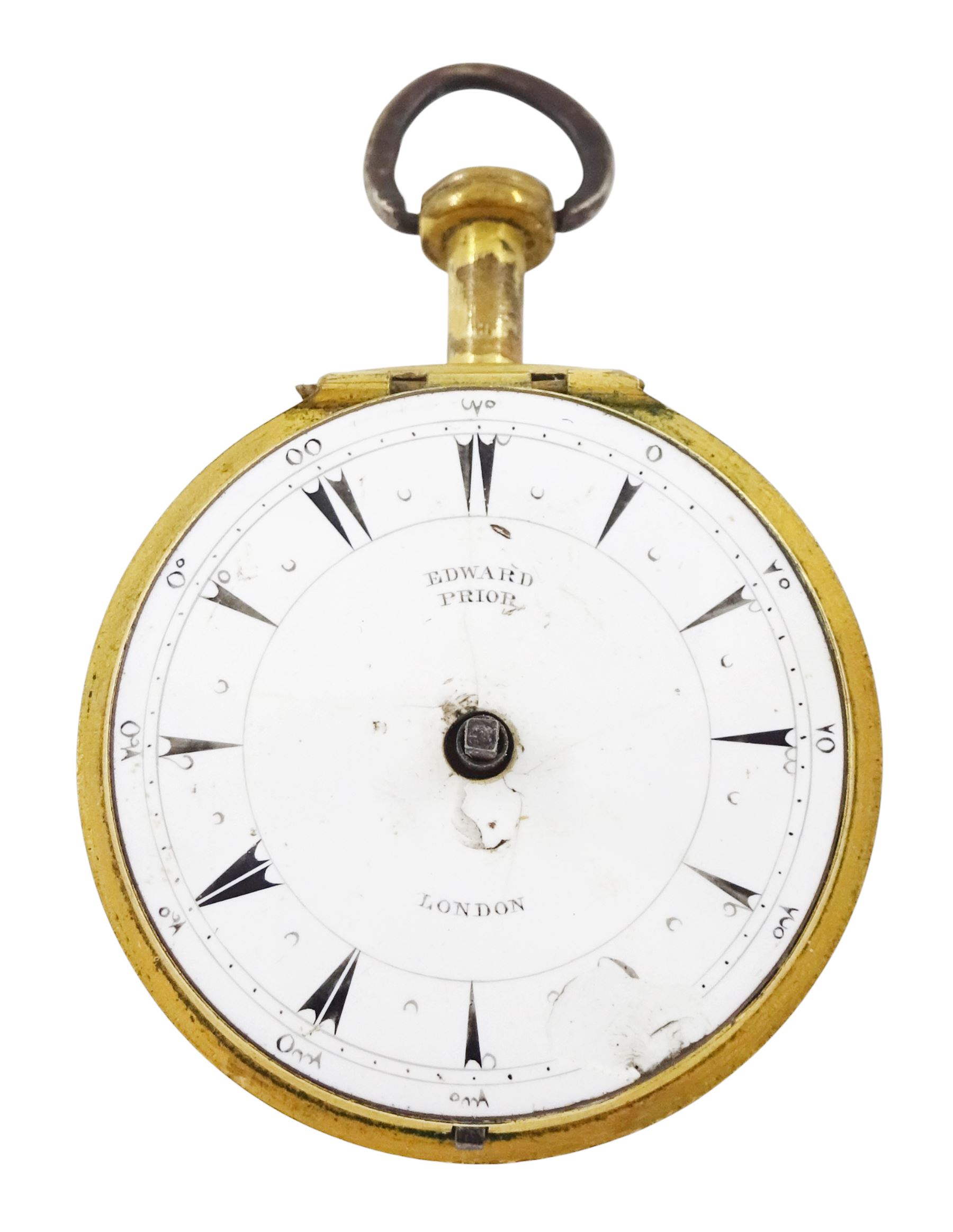 19th century gilt metal, triple cased verge fusee pocket watch, for the Turkish market by Edward Prior, London, No. 62801, pierced and engraved balance cock decorated with a classical urn, white enamel dial with Turkish hour markers, the outer tortoiseshell case, with pique work borders