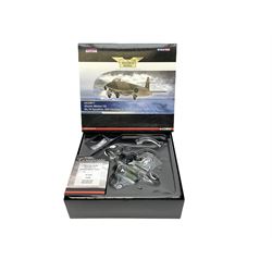 Four Corgi Aviation Archive limited edition die-cast models of aircraft comprising AA33418 Westland Sea King HC4 No.1174/1500; AA35011 Gloster Meteor F.8, No.355/1250; AA38104 Sopwith Camel No.692/1500 and AA37302 DH Vampire FB.9 No.82/2210; all boxed with certificates (one with slip-case); together with two Oxford De Havilland die-cast aircraft - D.H.82A Tiger Moth T-6296 and D.H.89 Dragon Rapide G-AIYR; both boxed (one with slip case) (6)