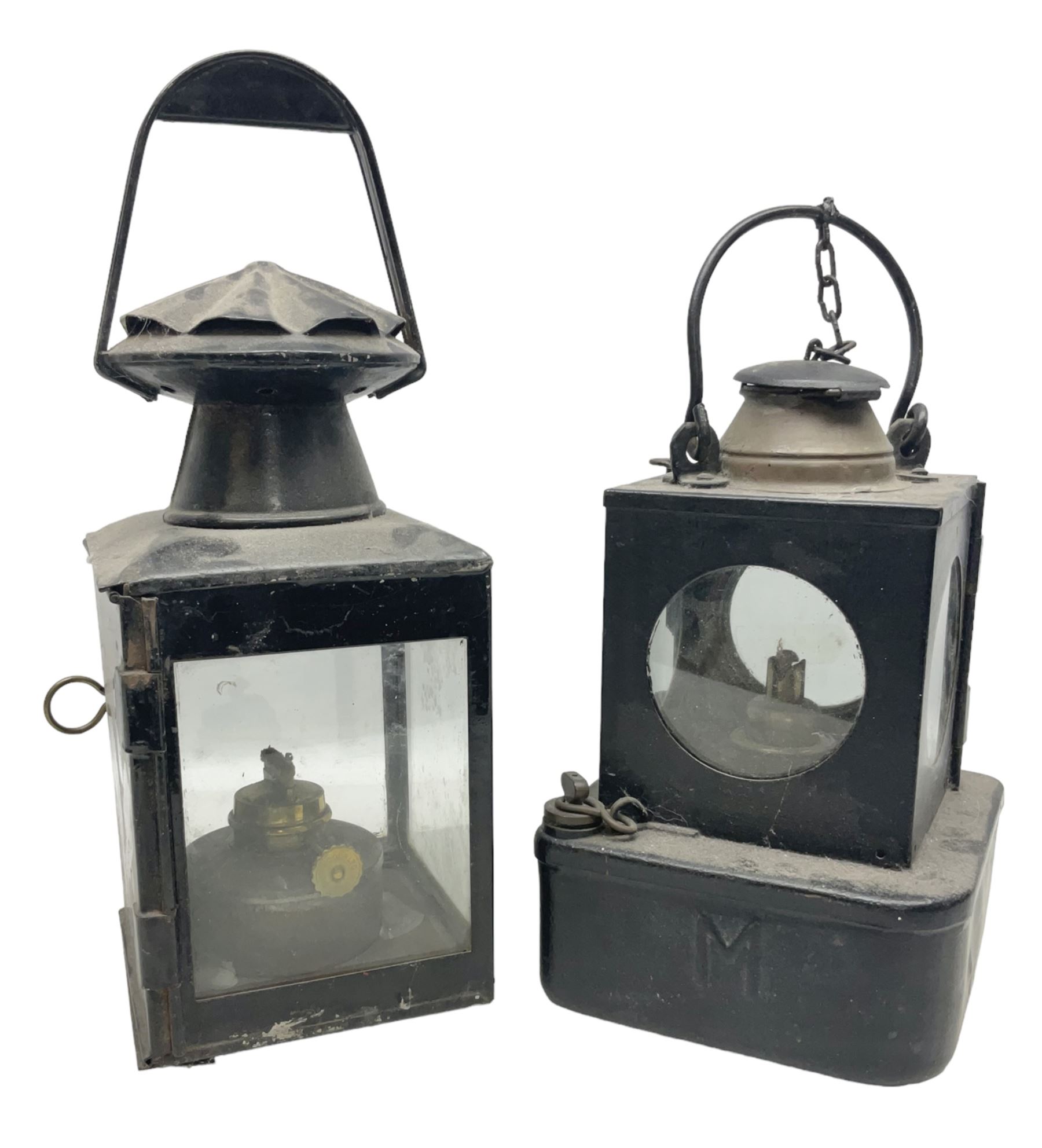 Railway interest - Lamp Manufacturing & Railway Supplies Ltd  Welch patent BR(E) lamp (M), with hinged copper upper section and hinged side door with maker's label, on square base H24cm; and another railway inspection type lamp (2)