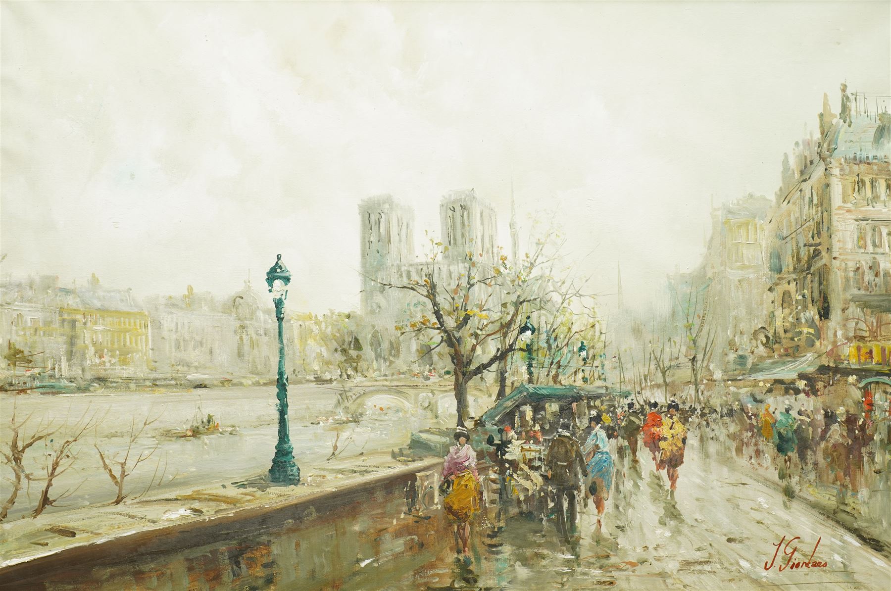 French School (Mid-20th century): Parisian Street Scene, oil on canvas signed J Giordans 60cm x 91cm