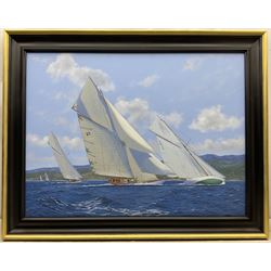 James Miller (British 1962-): 'Hispania D5 Tuiga D3 and The Lady Anne D10 - Semana Clásica de Puerto Sherry 2012', oil on canvas signed, titled verso 75cm x 100cm